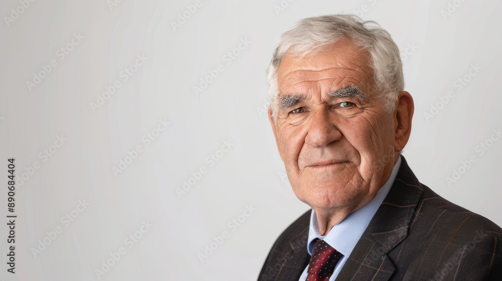 A senior man in formal attire projects wisdom and experience, captured against a plain background, representing leadership and dignity. A senior man in formal attire projects wisdom and experience, captured against a plain background, representing leadership and dignity.