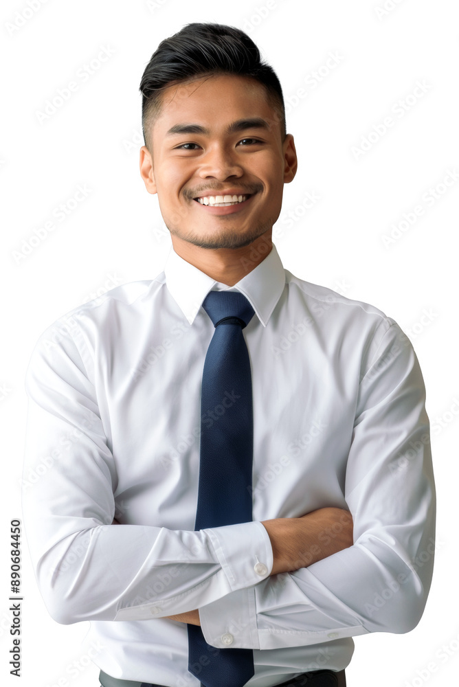 Philippine businessman in his 20s, smiling confidently while wearing a white shirt and blue tie Philippine businessman in his 20s, smiling confidently while wearing a white shirt and blue tie