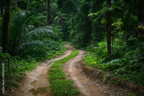 A dirt road in a jungle with trees on both sides. Road to somewhere concept