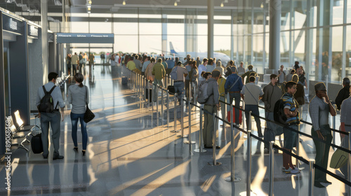 Wallpaper Mural Travelers queue at airport security in a bright, spacious terminal with tall glass walls, capturing the hustle and anticipation of travel. Torontodigital.ca