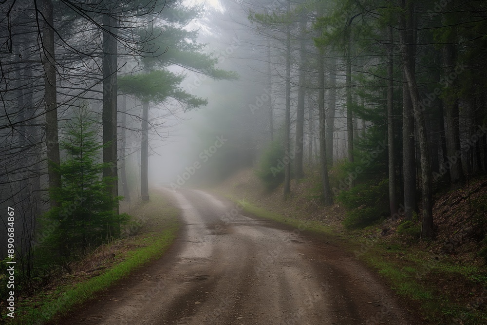 Fototapeta premium A foggy forest road with trees on both sides. Road to somewhere concept