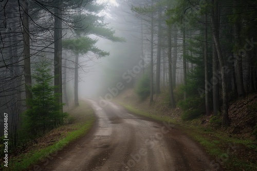 A foggy forest road with trees on both sides. Road to somewhere concept