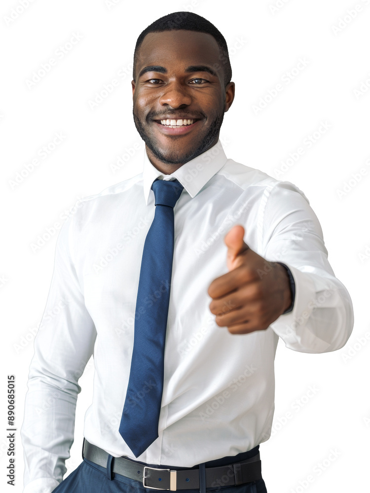 Black man in his 20s, smiling and giving a thumbs up, dressed in a white shirt and blue tie Black man in his 20s, smiling and giving a thumbs up, dressed in a white shirt and blue tie