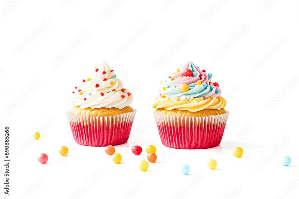 Colorful Cupcakes with Sprinkles and Candy on White Background Colorful Cupcakes with Sprinkles and Candy on White Background