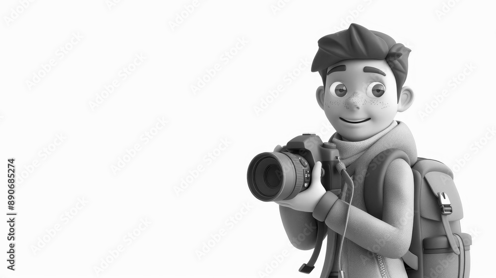 Fototapeta premium A 3D clipart of a photographer holding a camera, in a clean and vibrant setting, white background, style by HansaParty