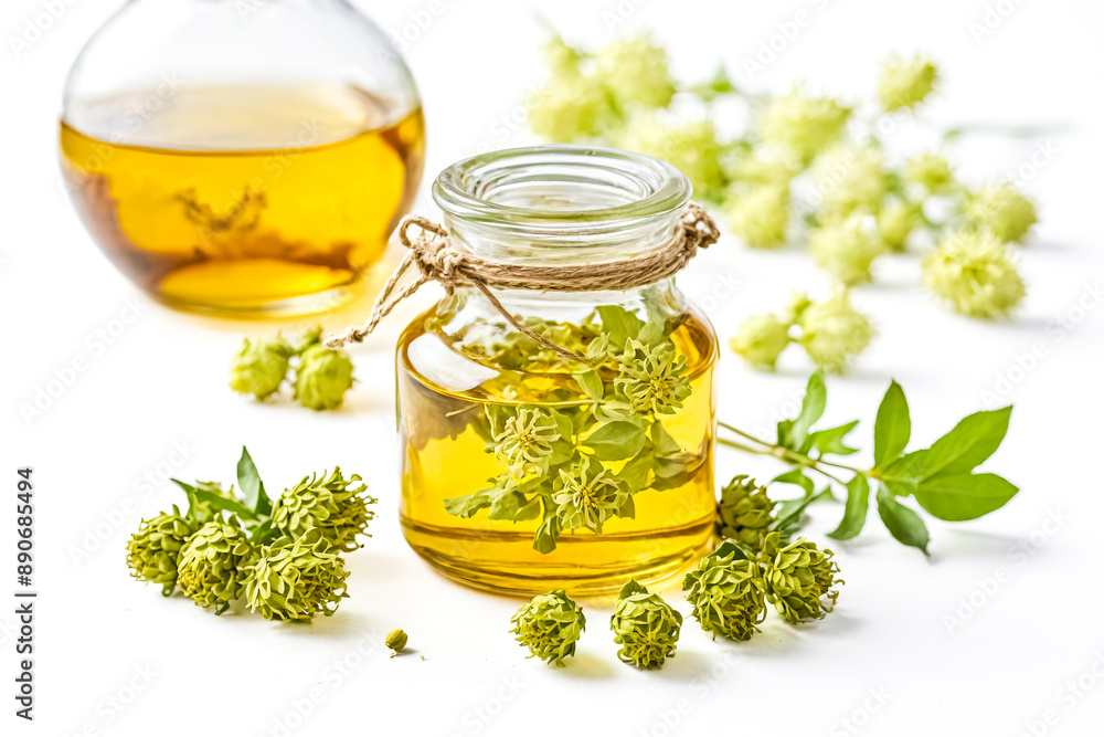 Hop Oil in Glass Bottle with Fresh Hop Cones Hop Oil in Glass Bottle with Fresh Hop Cones