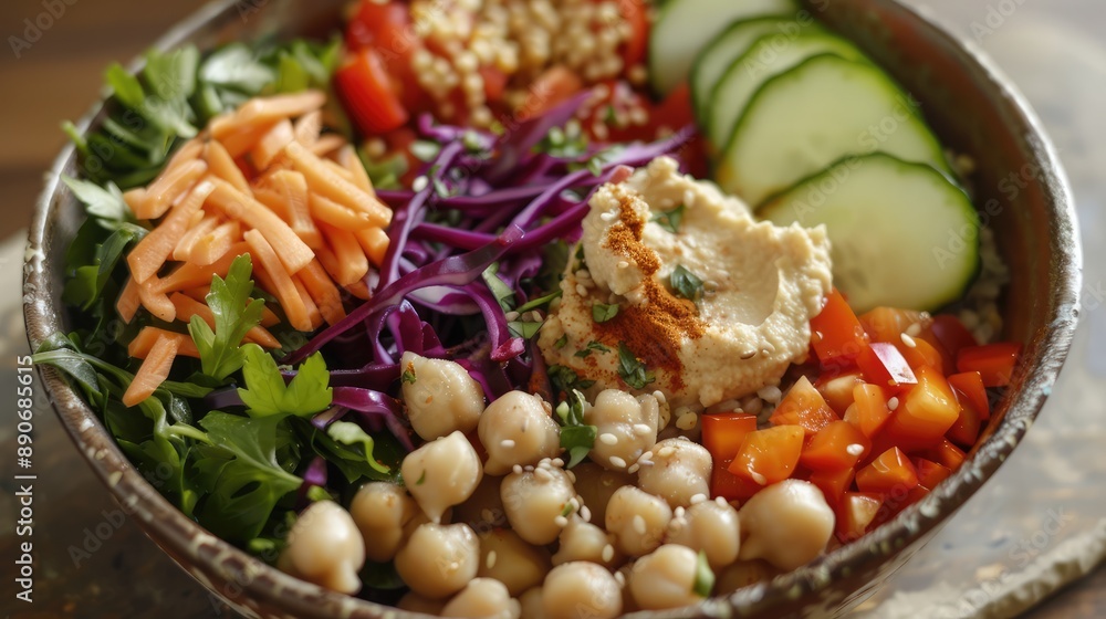 A vegan Buddha bowl with grains, veggies, and hummus A vegan Buddha bowl with grains, veggies, and hummus