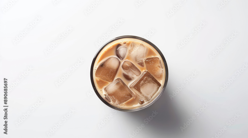 Overhead shot of a glass of iced coffee with visible ice cubes on a pristine white background, portraying a simple, refreshing caffeine delight. Overhead shot of a glass of iced coffee with visible ice cubes on a pristine white background, portraying a simple, refreshing caffeine delight.