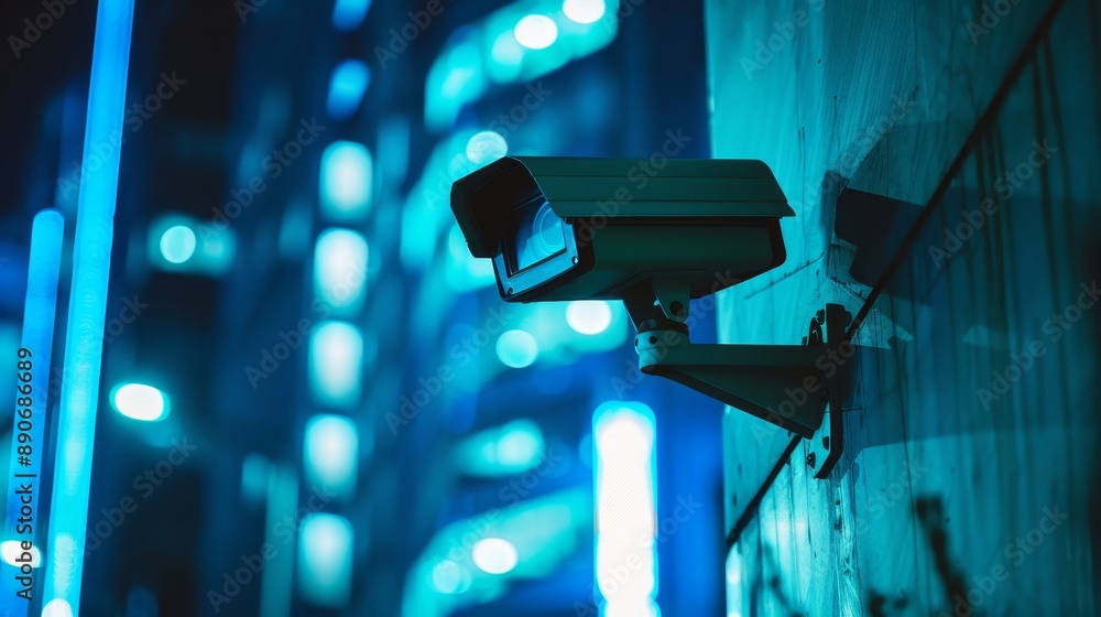A surveillance camera mounted on a wall captures the nighttime activity in an urban area, illuminated by vibrant neon lights, showcasing security in a modern cityscape. A surveillance camera mounted on a wall captures the nighttime activity in an urban area, illuminated by vibrant neon lights, showcasing security in a modern cityscape.