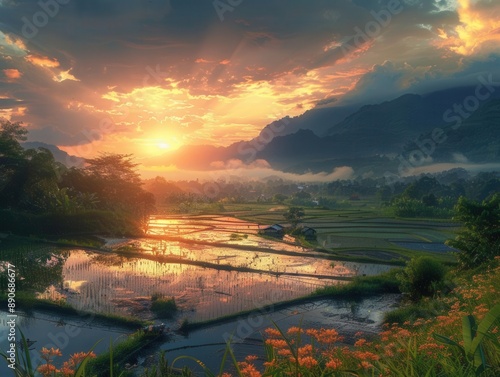 Sunsetlit rice paddies, Asian farmers, serene fields, wideangle view, warm and peaceful light photo