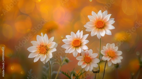 This image features five delicate white daisies with orange centers, standing against a backdrop of warm, soft bokeh lights in shades of orange, creating a serene atmosphere.