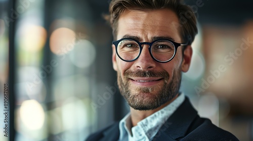 Confident businessman wearing glasses and looking at the camera with a smile. © Pixel