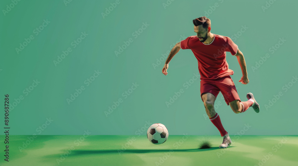 A soccer player in dynamic motion, dribbling a ball on a vibrant green field, with a minimalist green background emphasizing the action and athleticism. A soccer player in dynamic motion, dribbling a ball on a vibrant green field, with a minimalist green background emphasizing the action and athleticism.