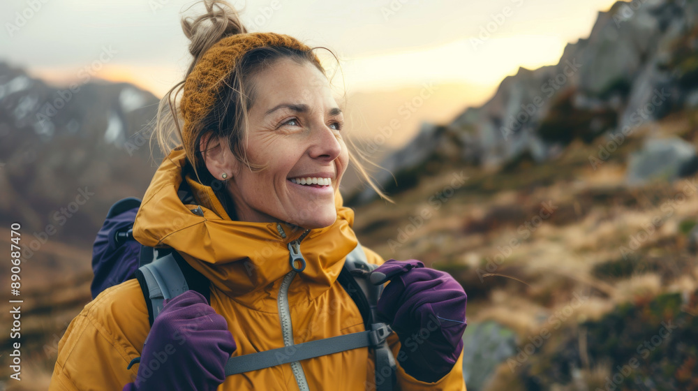 A woman dressed warmly in a yellow jacket smiles as she hikes through a mountainous landscape at sunset, exuding a sense of joy and adventure. A woman dressed warmly in a yellow jacket smiles as she hikes through a mountainous landscape at sunset, exuding a sense of joy and adventure.