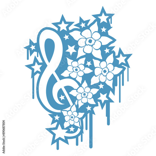 Music Clef Note Bass Flowers Beautiful Spray Drip Drops Tattoo Art Stars Shiny French Violin Treble Musical Instrument Sound Love Icon Symbol Design