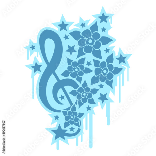 Music Clef Note Bass Flowers Beautiful Spray Drip Drops Tattoo Art Stars Shiny French Violin Treble Musical Instrument Sound Love Icon Symbol Design