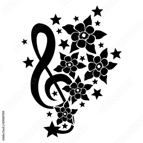 Music Clef Note Bass Flowers Beautiful Tattoo Art Stars Shiny French Violin Treble Musical Instrument Sound Love Icon Symbol Design
