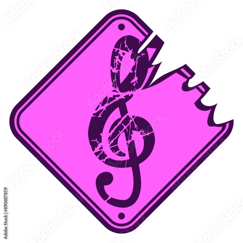 Music Bass Clef Note Warning Danger Careful Road Sign Shield Pink Color Grunge Vintage Used Look Retro French Violin Treble Musical Instrument Sound Love Icon Symbol Design