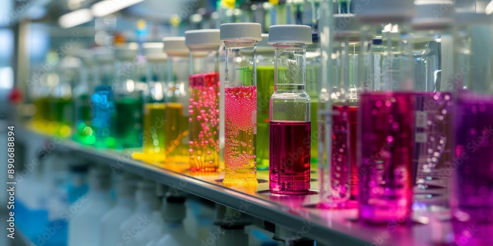 A biotech lab filled with colorful chemical solutions, test tubes, and genetic models, with researchers conducting experiments, showcasing the vibrant and dynamic nature of biotechnology A biotech lab filled with colorful chemical solutions, test tubes, and genetic models, with researchers conducting experiments, showcasing the vibrant and dynamic nature of biotechnology