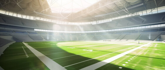 Rideaux Stade Bright sunlight streams into a large, empty stadium with lush green turf, highlighting its architectural beauty and serene ambiance.  © Ai Studio