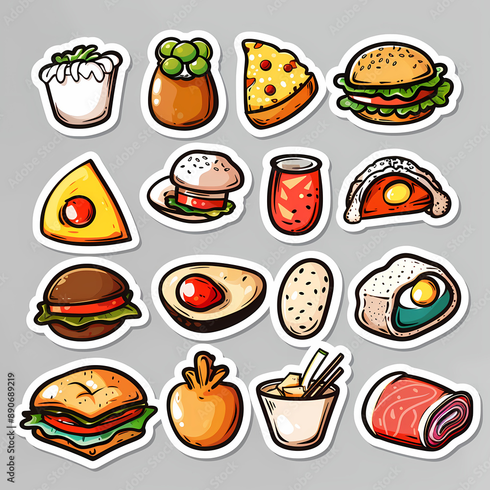 Cartoon Food Stickers Set – Cute and Colorful Snack Illustrations Cartoon Food Stickers Set – Cute and Colorful Snack Illustrations