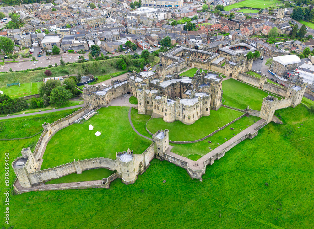 Naklejka premium Alnwick, Northumberland, UK, June 18, 2024; aerial view of Alnwick Castle, Alnwick, Northumberland, England, UK.