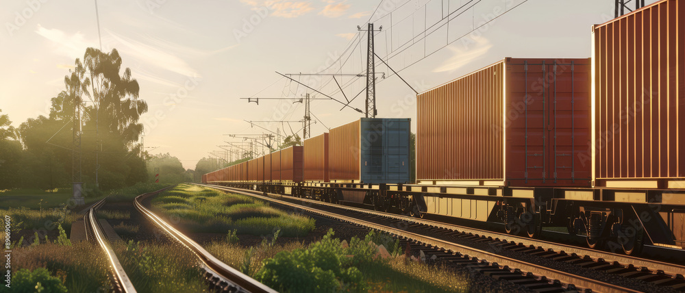 Obraz premium A long freight train stretches into the distance under a soft golden sunrise, winding through a lush, rolling landscape.