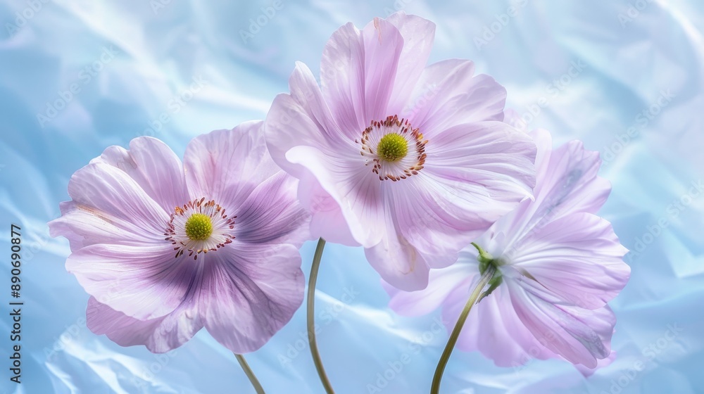 Close-up of three delicate pink flowers against a dreamy, soft background, emphasizing their intricate details, gentle petals, and the contrast with the subtle blue hues. Close-up of three delicate pink flowers against a dreamy, soft background, emphasizing their intricate details, gentle petals, and the contrast with the subtle blue hues.
