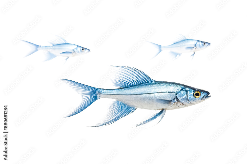 A Single Silverfish Swims In The Middle Of The Frame While Two Others Swim Above It A Single Silverfish Swims In The Middle Of The Frame While Two Others Swim Above It