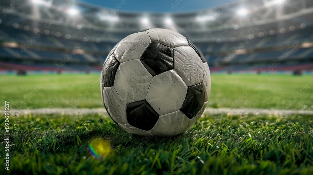 Fototapeta premium A high-resolution image showcasing a classic black and white soccer ball on a vibrant green field, set against a brightly lit stadium backdrop, emphasizing the beauty of the sport.