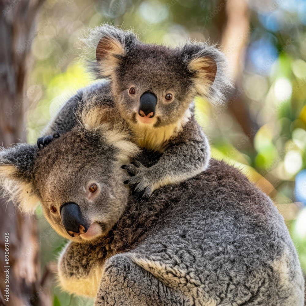 Fototapeta premium Heartwarming Koala Mother and Baby Embrace in Australian Outback Wilderness