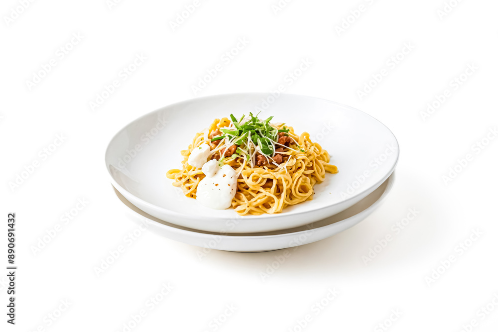 Closeup of a plate of spaghetti with ricotta and herbs Closeup of a plate of spaghetti with ricotta and herbs