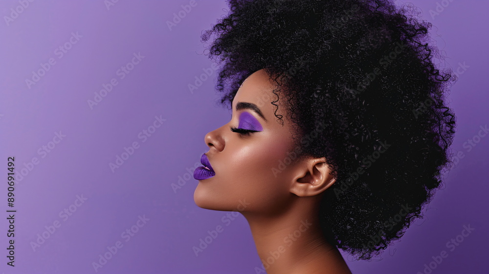 side view black woman with afro on purple background side view black woman with afro on purple background