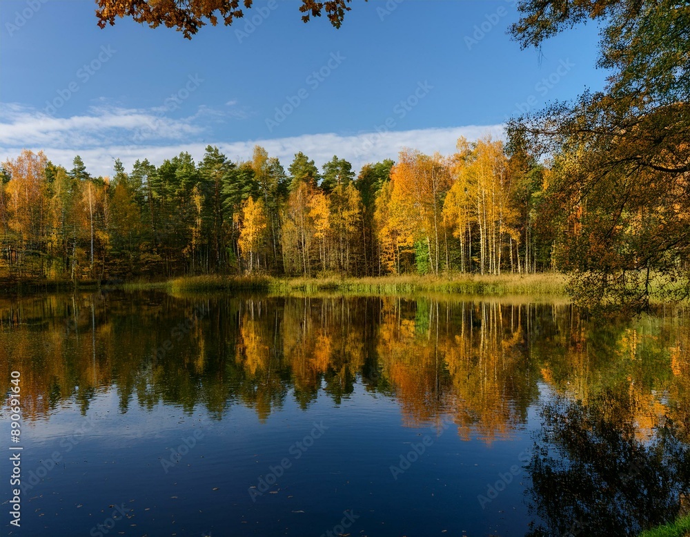 Herbstwald, Spiegelung im Wasser Herbstwald, Spiegelung im Wasser