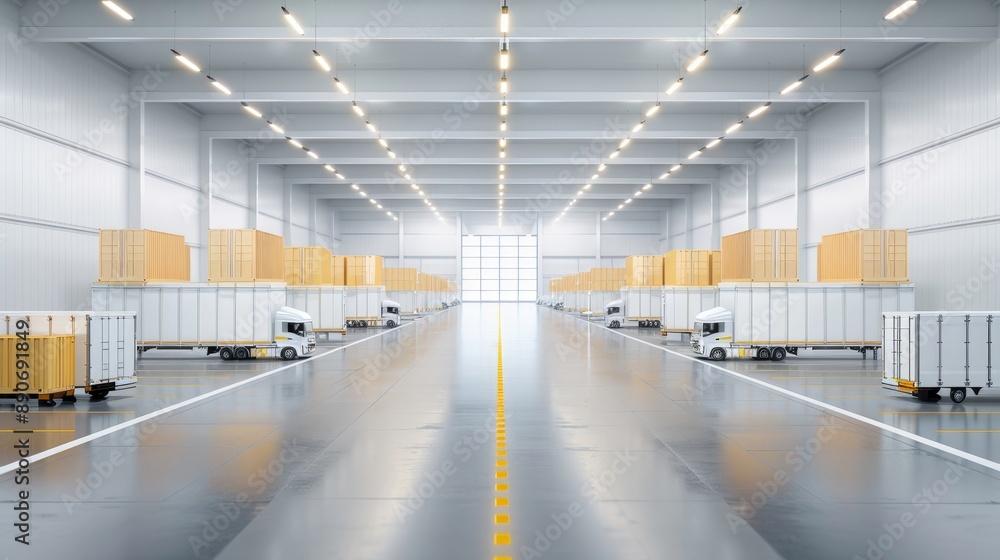 A yellow semi truck is parked in a large warehouse A yellow semi truck is parked in a large warehouse