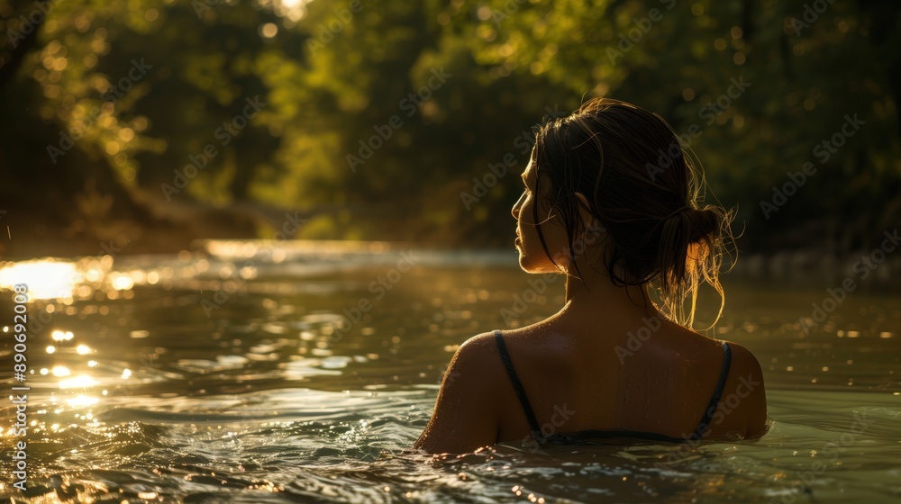 Fototapeta premium A leisurely swimmer, swimming in the river out in nature