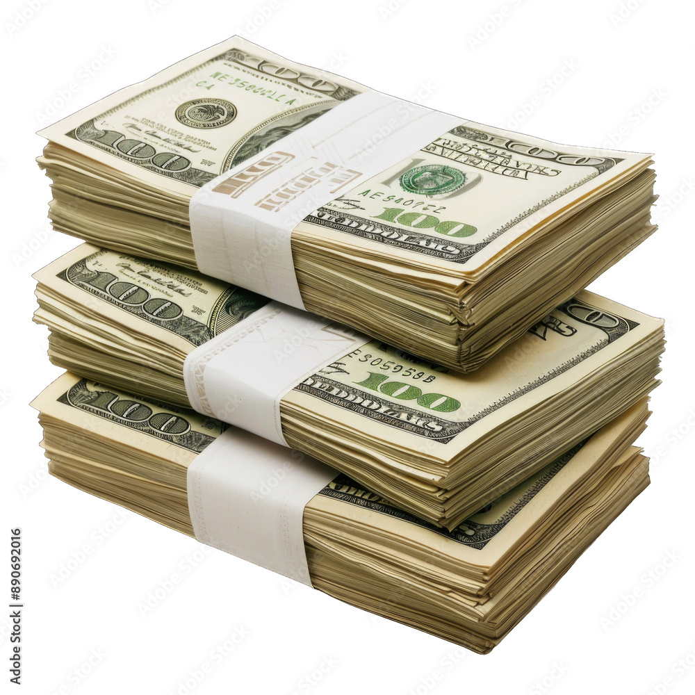 Detailed shot of stacks of US dollars bundle on transparent background or PNG file. Detailed shot of stacks of US dollars bundle on transparent background or PNG file.