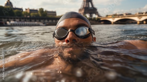 Swimming in the river Seine in Paris, France, beside the Eiffel Towner photo