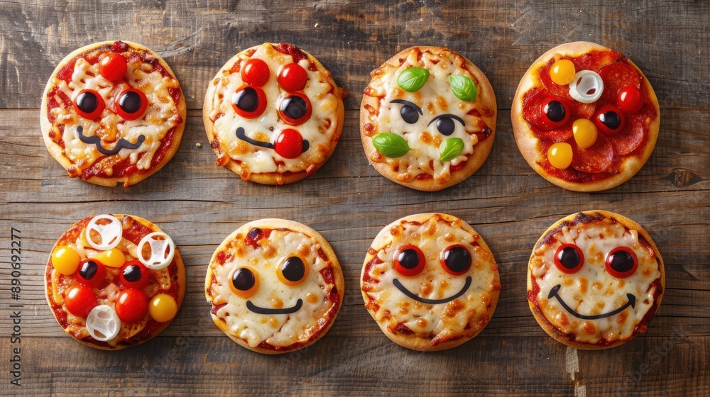 Mini Pizza Faces: Mini pizzas with toppings arranged to make funny faces. Mini Pizza Faces: Mini pizzas with toppings arranged to make funny faces.