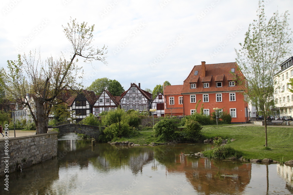 half-timbered houses with springs of the river pader in the foreground, paderborn, nrw, germany, half-timbered houses with springs of the river pader in the foreground, paderborn, nrw, germany,