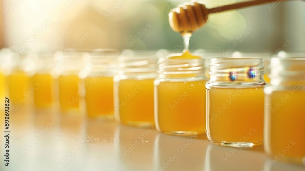 A jar of honey is poured into another jar A jar of honey is poured into another jar