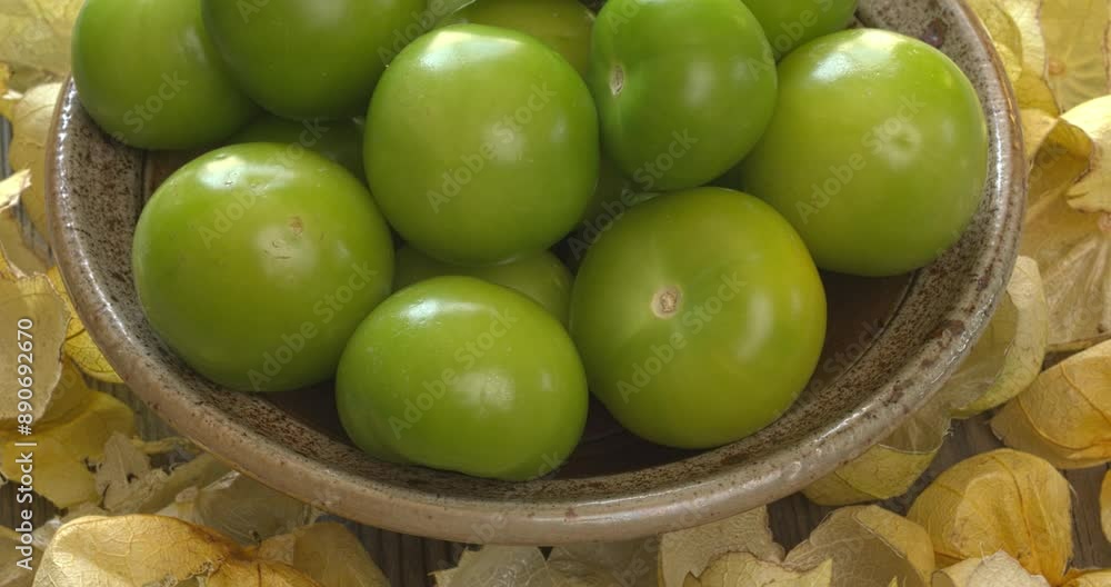A pile of husked ripe tomatillo in a bowl. Husks make the background. Table spin. A pile of husked ripe tomatillo in a bowl. Husks make the background. Table spin.