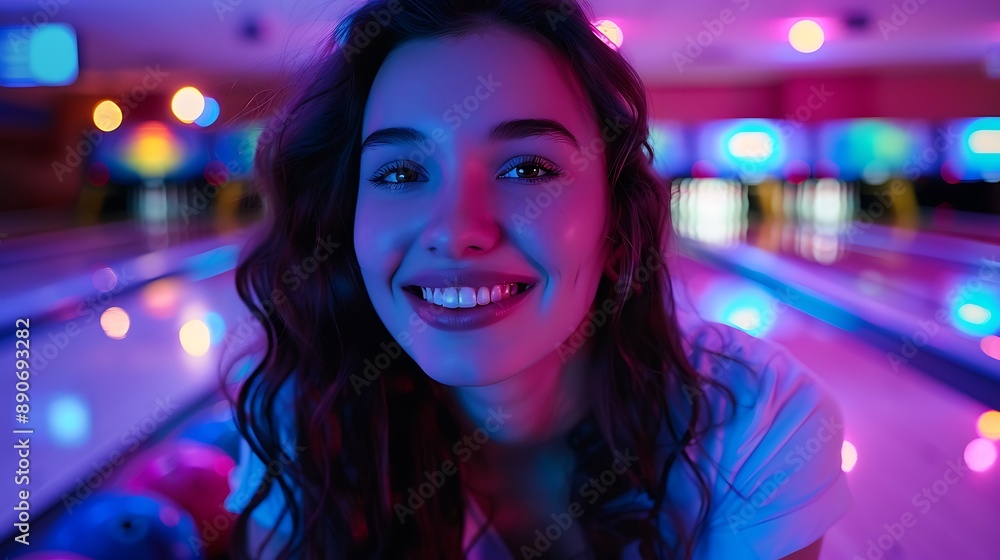 Smiling Woman in Neon Lights at a Bowling Alley Smiling Woman in Neon Lights at a Bowling Alley