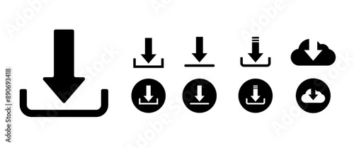 Download Icon, Digital File Download Symbol, Black Button, Round Icon for UI, App, Website, Interface illustration