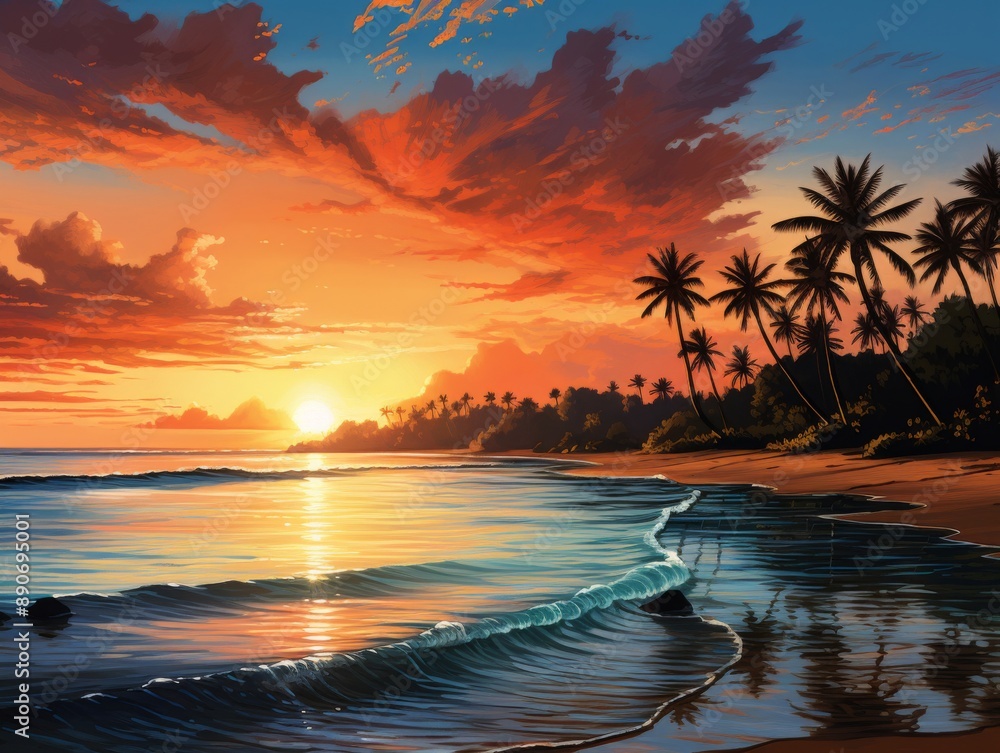 Stunning Tropical Sunset with Palm Trees on the Beach Stunning Tropical Sunset with Palm Trees on the Beach