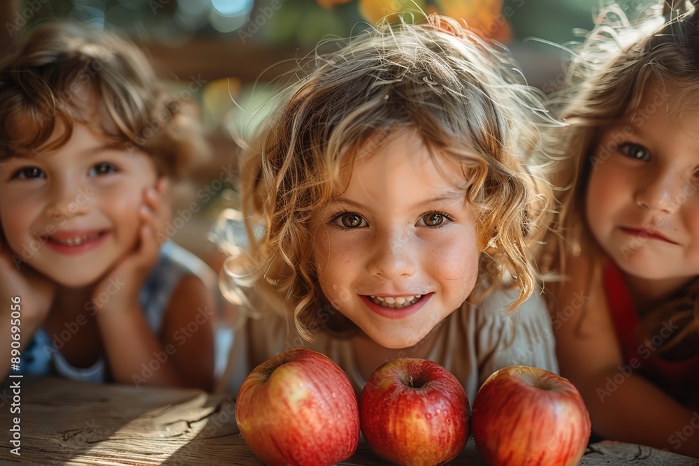 Fototapeta premium Three happy children with curly hair smiling and posing with three fresh red apples on a wooden table in a sunny, outdoor setting.
