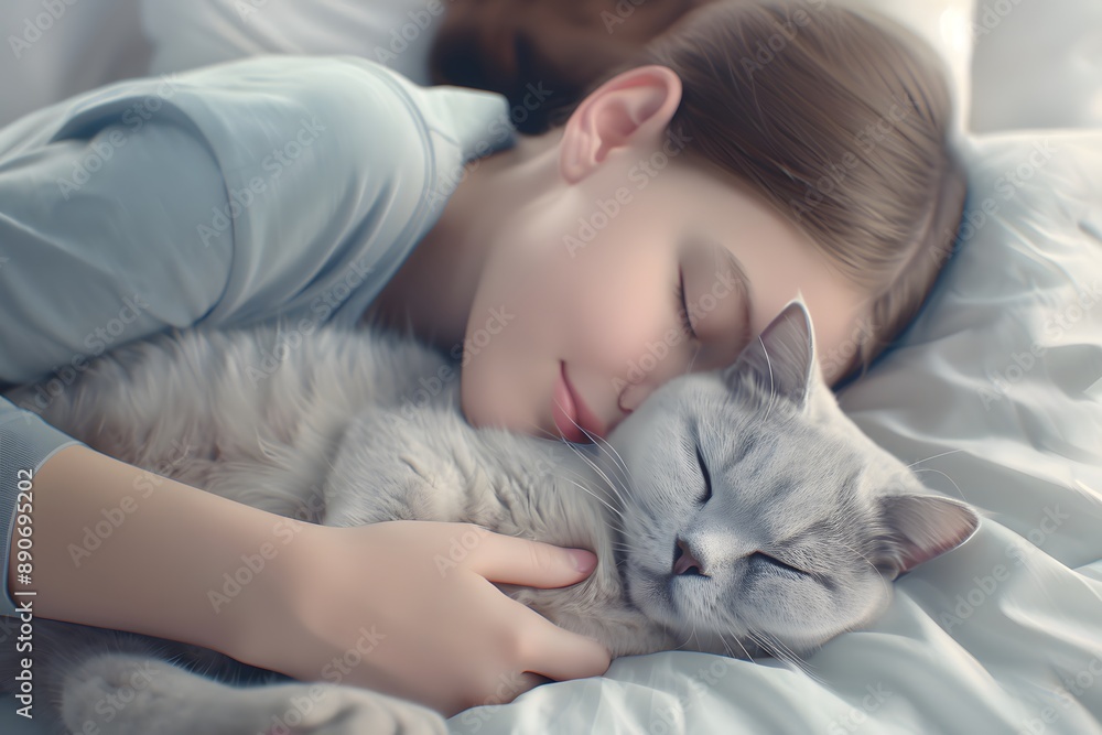 Young girl peacefully sleeping while cuddling her soft gray cat on a cozy bed. Young girl peacefully sleeping while cuddling her soft gray cat on a cozy bed.