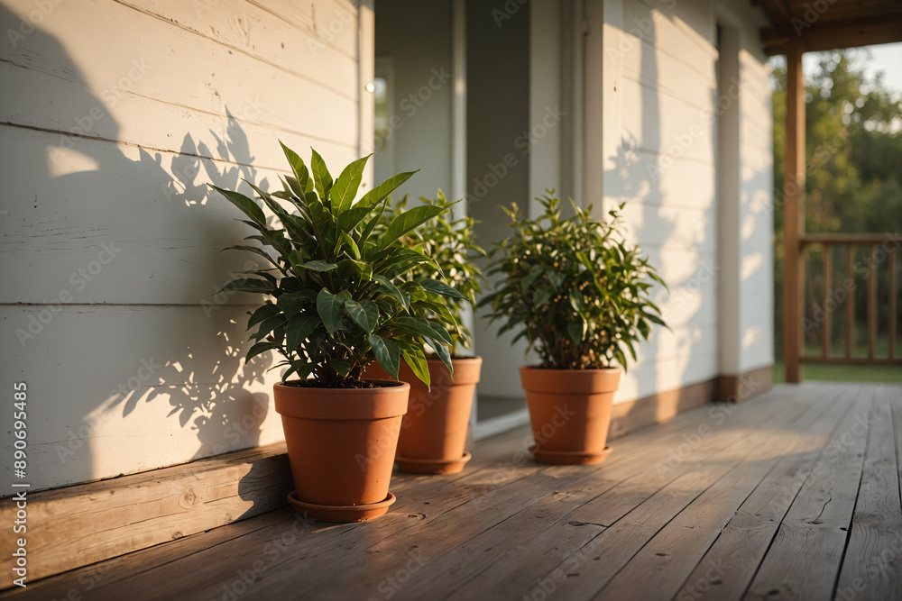 Sunny Porch with Potted Plants: Inviting Home Exterior Sunny Porch with Potted Plants: Inviting Home Exterior