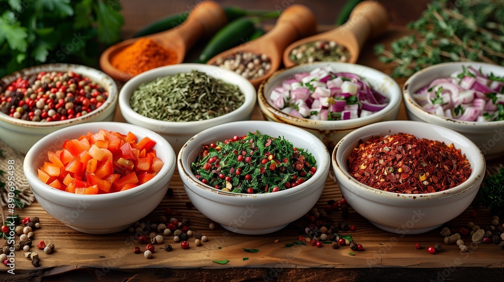 Colorful Spices and Herbs in White Bowls on a Wooden Board Colorful Spices and Herbs in White Bowls on a Wooden Board