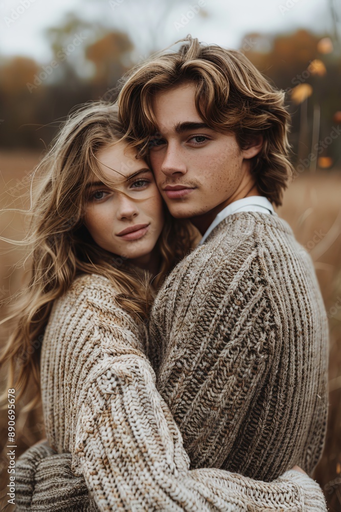 A couple in cozy sweaters embraces in an autumn field, showcasing romance and warmth amidst fall foliage on a cloudy day. A couple in cozy sweaters embraces in an autumn field, showcasing romance and warmth amidst fall foliage on a cloudy day.